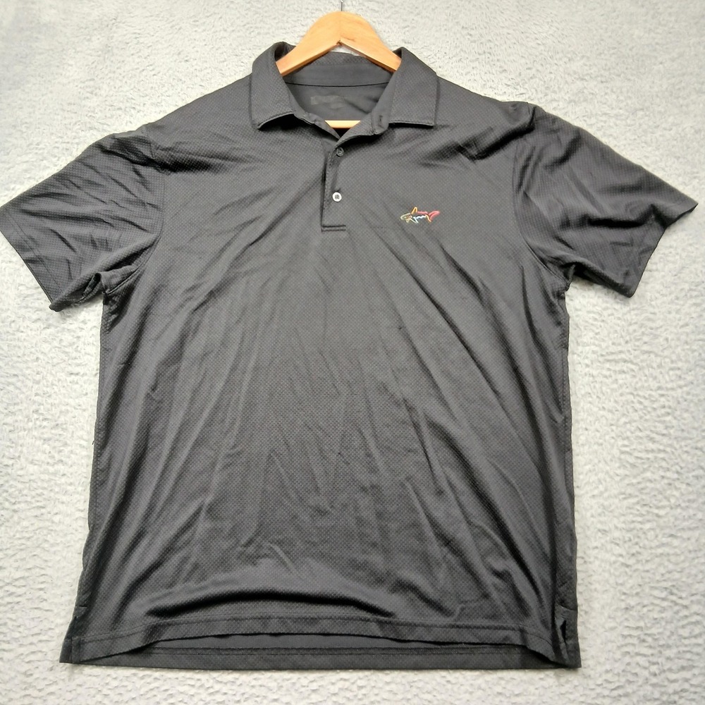 Greg Norman Polo Shirt Mens XL Black Charcoal Performance Golf Shark Logo Knit